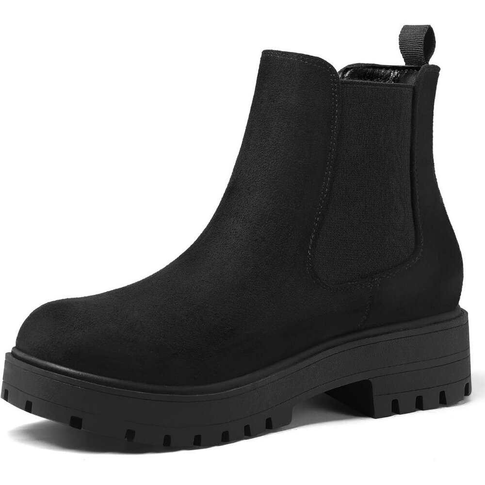 Women Black Suede Chelsea Low Chunky Heel Slip On Lug Sole Elastic Ankle Booties
